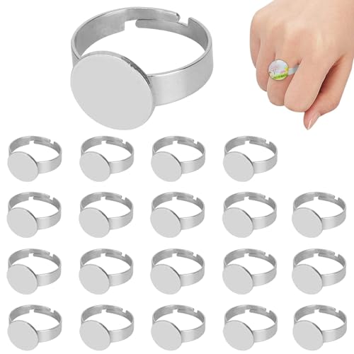 20 Stück Edelstahl Einstellbare Fingerringbasen Fassungen, 12mm Ringe Basis blanko Findings verstellbar Scheibe für DIY Schmuck Machen von HERCHR