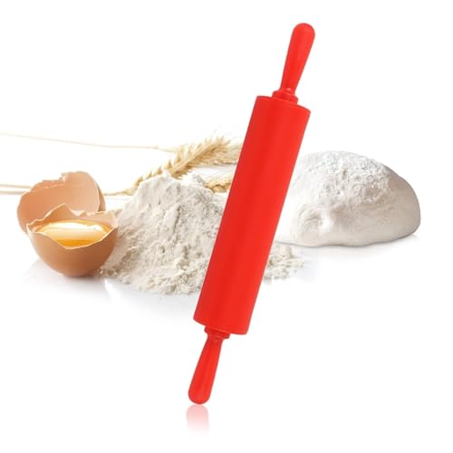 Teigroller aus Silikon, Nudelholz mit Backmatte, Antihaft Nudelholz Silikon, Teigrolle Backzubehör, Silikon Nudelholz, 11,8 × 1,6 × 1,6 Zoll rot Teigroller mit Holzgriff Pasta Roller Backzubehör von HERCHR