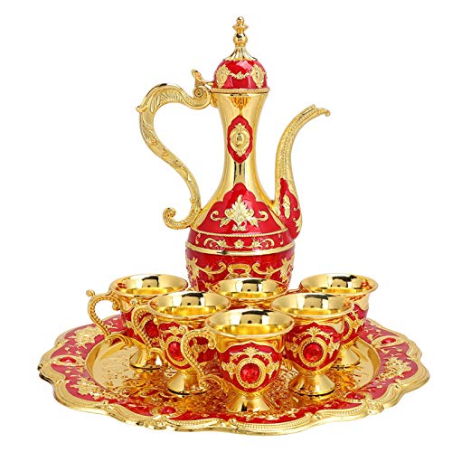 Türkisches Teeset, Metallteekannenset mit 6 Kaffeetassen und Teetablett, Kunsthandwerkshochzeitsgeschenk(rot) von HERCHR