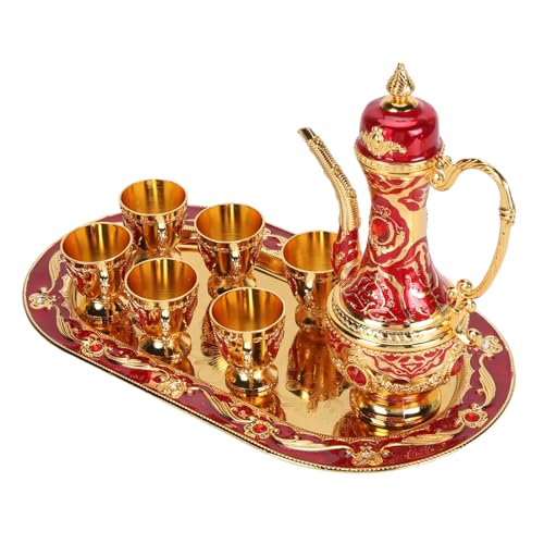 Türkisches Vintage-Kaffeekannen- Und Tassen-Set, Türkisches Teeservice aus Zinklegierungsmetall Mit 6 Kaffeetassen, Einschließlich Handgefertigtem Teetablett, Weinkannen-Set Für Party(Rot) von HERCHR