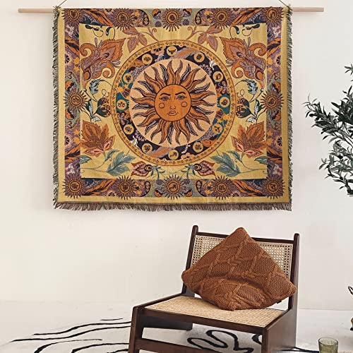 HERENI Picknick Decke Teppiche Camping Bettwäsche mit Quasten Böhmen Sonnengott Blumen Muster Kuscheldecke Würfe für Haus Outdoor Road Trip Multifunktion Sofadecke Reisedecke Teppich 130x160 cm von HERENI