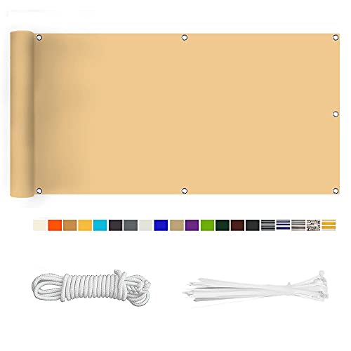 Balkon Sichtschutz, Balkonabdeckung 220 g/m² Innen Balkonverkleidung UV-Schutz (210Größen&21Farben) Ohne Bohren mit Ösen Kabelbinder und Kordel für Balkongeländer Terrasse,90X800CM Strand Gelb von HERILIOS