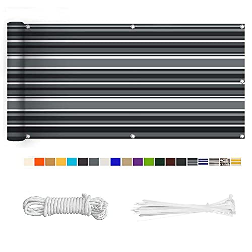 Balkon Sichtschutz, Balkonabdeckung 220 g/m² Innen Balkonverkleidung UV-Schutz (210Größen&21Farben) mit Ösen Kabelbinder und Kordel für Balkongeländer Terrasse,90X400CM Schwarz-weiß gestreift von HERILIOS