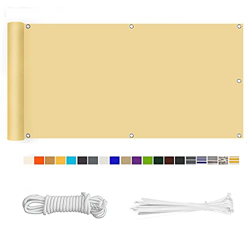 Balkon Sichtschutz, Balkonabdeckung 220 g/m² Innen Balkonverkleidung UV-Schutz (210Größen&21Farben) Ohne Bohren mit Ösen Kabelbinder und Kordel für Balkongeländer Terrasse, 80X1000CM Hellgelb von HERILIOS