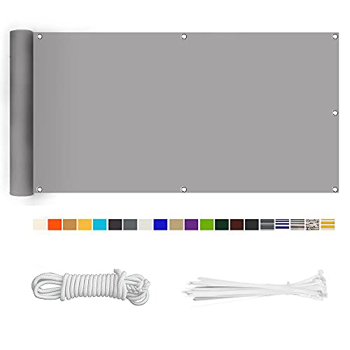 HERILIOS Balkon Sichtschutz, Balkonabdeckung 220 g/m² Innen Balkonverkleidung UV-Schutz (210Größen&21Farben) Ohne Bohren mit Ösen Kabelbinder und Kordel für Balkongeländer Terrasse,150X600CM hellgrau von HERILIOS