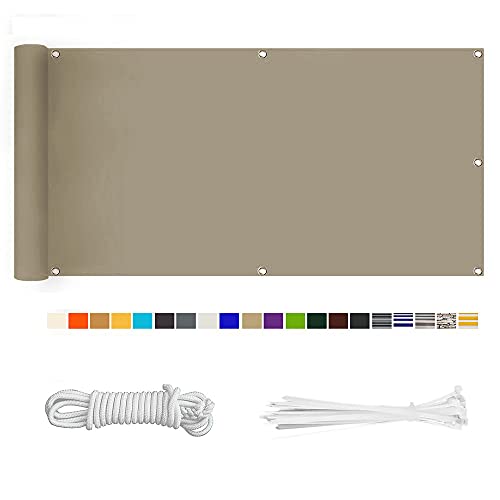 HERILIOS Balkon Sichtschutz, Balkonabdeckung 220 g/m² Innen Balkonverkleidung UV-Schutz (210Größen&21Farben) Ohne Bohren mit Ösen Kabelbinder und Kordel für Balkongeländer Terrasse,60X300CM Khaki von HERILIOS