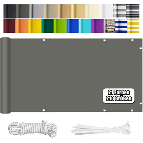 HERILIOS Balkon Sichtschutz, Balkonabdeckung 220 g/m² Innen Balkonverkleidung UV-Schutz (210Größen&21Farben) Ohne Bohren mit Ösen Kabelbinder und Kordel für Balkongeländer Terrasse,65X700CM Grau von HERILIOS