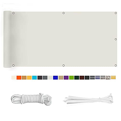 HERILIOS Balkon Sichtschutz, Balkonabdeckung 220 g/m² Innen Balkonverkleidung UV-Schutz (210Größen&21Farben) Ohne Bohren mit Ösen Kabelbinder und Kordel für Balkongeländer Terrasse,80X800CM Weiß von HERILIOS