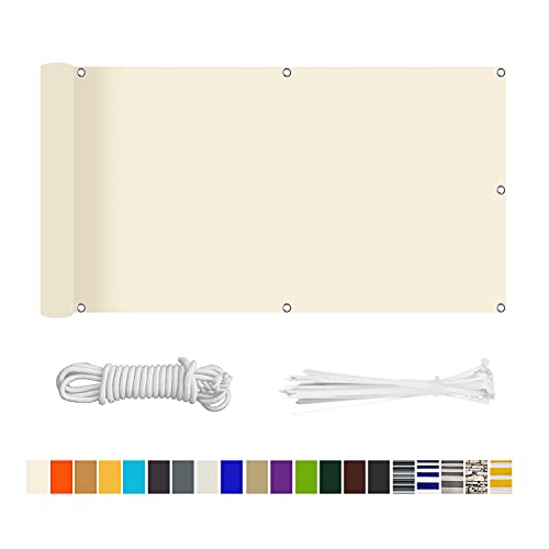HERILIOS Balkon Sichtschutz, Balkonabdeckung 220 g/m² Innen Balkonverkleidung UV-Schutz (210Größen&21Farben) Ohne Bohren mit Ösen Kabelbinder und Kordel für Balkongeländer Terrasse,95X400CM Creme von HERILIOS
