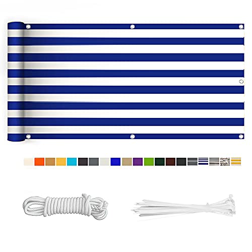 HERILIOS Balkon Sichtschutz, Balkonabdeckung 220 g/m² Innen Balkonverkleidung UV-Schutz (210Größen&21Farben) mit Ösen Kabelbinder und Kordel für Balkongeländer Terrasse,70X600CM Blau-weiß gestreift von HERILIOS