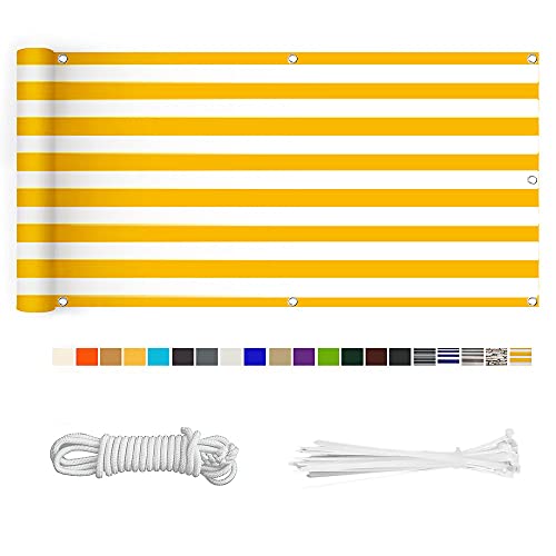 HERILIOS Balkon Sichtschutz, Balkonabdeckung 220 g/m² Innen Balkonverkleidung UV-Schutz (210Größen&21Farben) mit Ösen Kabelbinder und Kordel für Balkongeländer Terrasse,75X400CM Gelb-weiß gestreift von HERILIOS