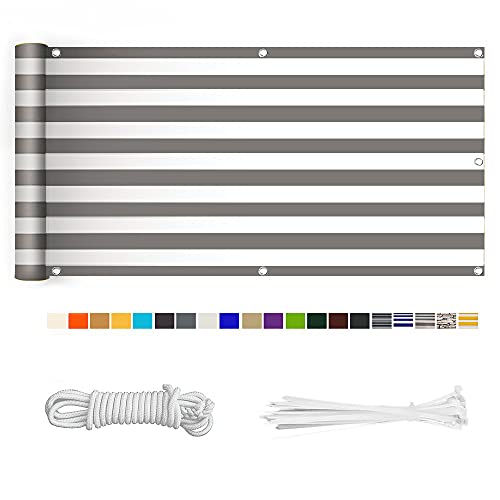HERILIOS Balkon Sichtschutz, Balkonabdeckung 220 g/m² Innen Balkonverkleidung UV-Schutz (210Größen&21Farben) mit Ösen Kabelbinder und Kordel für Balkongeländer Terrasse,75X800CM Grau-weiß gestreift von HERILIOS