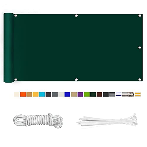 HERILIOS Balkonabdeckung 220 g/m² Innen Balkonverkleidung UV-Schutz (210Größen&21Farben) Ohne Bohren mit Ösen Kabelbinder und Kordel für Balkongeländer Terrasse, 90X600CM Dunkelgrün von HERILIOS