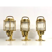 Vintage Marine Alte Wiedergewonnene Retro Bühne Messing Laterne Lampen 3Er-Set von HERITAGEANTIQUESUSA