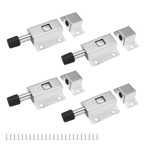 Federriegel Automatische, HERKINDNESS 4 Stück Bolzenriegel 4 x 9 cm, Schieberiegel Edelstahl Klein mit Schrauben, Ein Klick Sperre, Geeignet für Jalousien, Gartentüren, Schränke von HERKINDNESS