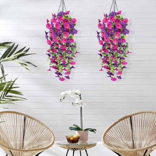 HERKINDNESS Hängepflanzen, 2 Stück Kunstblumen Hängend, Kunststoff Simulierte Hängepflanzen, Blüten aus Stoffmaterial, für Dekoration im Außenbereich, Zuhause und Garten von HERKINDNESS