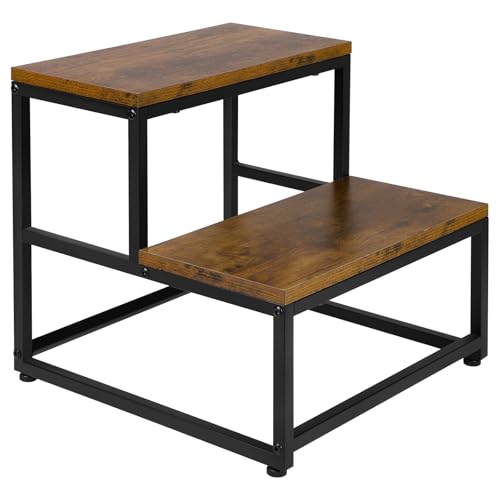 2-Stufen Tritthocker aus Holz für Kinder und Erwachsene, Fußbank mit Anti-Rutsch-Oberfläche, 500lbs Tragkraft, Verstellbare Füße, Stabiler Metallrahmen Hocker für Schlafzimmer/Bad/Küche, Retro Braun von HERLLD