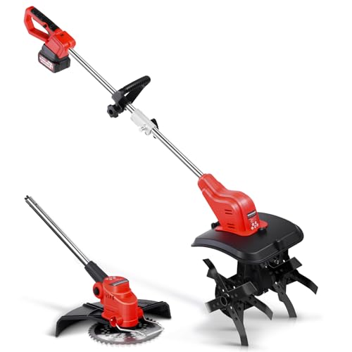 Akku Bodenhacke mit 4000mAh Li-Ion-Akku, 2-IN-1 800W und 980W AKKu Gartenfräse und Rasentrimmer mit 5 Klingentypen und Unkrautbürste, Motorhacke Akku von HERLLD
