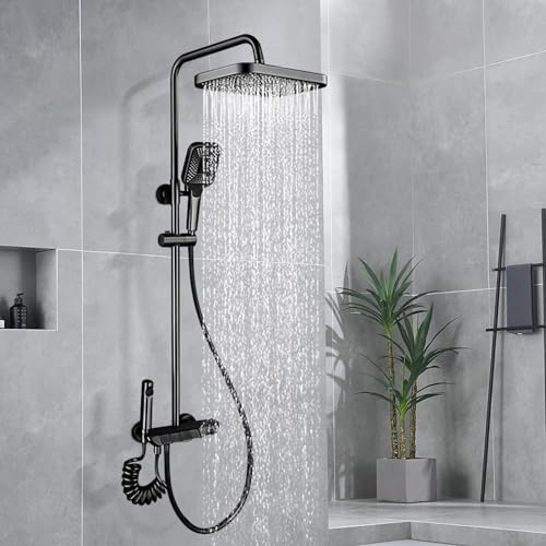 Duschset mit Armatur, Duschsystem Schwarz mit Einhebelmischer Duscharmatur, 86-120cm Verstellbare Duschstange, 30*19cmEckige Kopfbrause, Regendusche mit Armatur, Duschgarnitur Duschset für Badewanne von HERLLD