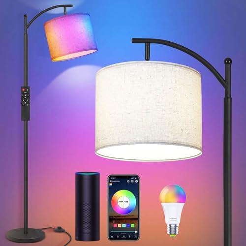 HERLLD LED Stehlampe Dimmbar, Kompatibel mit Alexa und Google Assistant, RGB Stehleuchte mit Fernbedienung WiFi App, 16 Millionen Farbwechsel, 10W E27 Bogenlampe für Wohnzimmer, Schlafzimmer von HERLLD