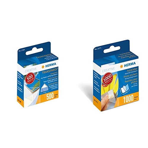 HERMA 1383 Transparol Fotoecken selbstklebend (20 mm, transparent) in Spendepackung, 500 Stück & 1071 Fotokleber im Spender (12 x 17 mm) selbstklebend, doppelseitig, 1.000 Stück, weiß von HERMA
