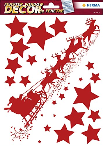 HERMA 15112 Fensterbilder Weihnachten Schlitten Sterne Rot, 15 Stück, selbstklebend, Kinder Fensteraufkleber, ablösbare Winter Fenstersticker, Fensterfolie für Kinderzimmer Dekoration Weihnachtsdeko von HERMA