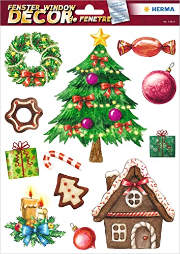 HERMA 15114 Fensterbilder Weihnachten Weihnachtsbaum Lebkuchen, 12 Stück, selbstklebend, Kinder Fensteraufkleber, ablösbare Winter Fenstersticker, Fensterfolie Kinderzimmer Dekoration Weihnachtsdeko von HERMA