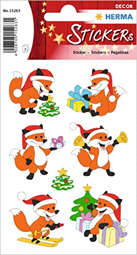 HERMA 15263 Aufkleber Winterfuchs, 18 Stück, Weihnachten Sticker mit lustigen Fuchs Tiere Motiv, Kinder Etiketten für Weihnachtsdeko Geschenke Adventskalender Winter Dekoration Briefe DIY Basteln von HERMA