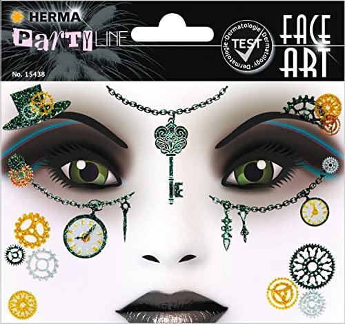 HERMA 15438 Face Art Sticker Steampunk, dermatologisch getestet, ablösbare Glitzer Gesicht Aufkleber, temporäre Tattoos für Karneval Fasching Halloween Festival Kinder Geburtstag, grün gold von HERMA