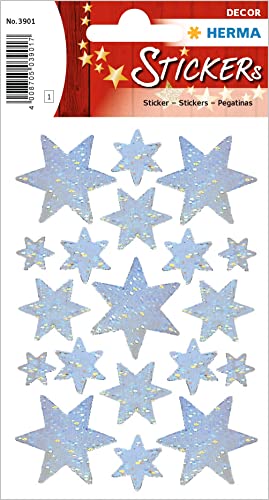 HERMA 3901 Aufkleber Sterne Glitzer Silber, 19 Stück, Stern Sticker aus Hologramm Folie, Weihnachtssticker Sternaufkleber für Weihnachten Geschenke Adventskalender Dekoration Kinder Belohnung Basteln von HERMA