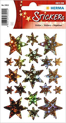HERMA 3902 Aufkleber Sterne Glitzer Gold, 19 Stück, Stern Sticker aus Hologramm Folie, Weihnachtssticker Sternaufkleber für Weihnachten Geschenke Adventskalender Dekoration Kinder Belohnung Basteln von HERMA
