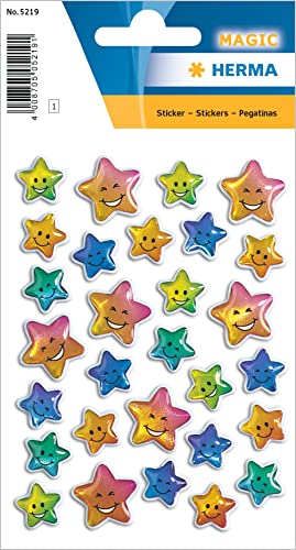 HERMA 5219 Aufkleber Sterne klein, 29 Stück, 3D Belohnung Sticker mit Smiley Emoji Gesicht Motiv, Kinder Etiketten für Schule Grundschule Schüler Tagebuch Scrapbooking Geburtstag Deko DIY Basteln von HERMA
