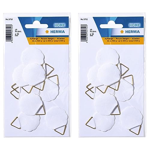 HERMA 5752 Bildaufhänger zum kleben, klein (Ø 30 mm, 10 Stück, Papier mit Leinenstruktur) selbstklebend, wasserlöslich gummiert, Aufhänger Tragkraft bis 800 g, weiß (Packung mit 2) von HERMA
