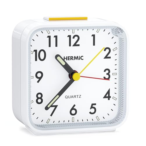 HERMIC Wecker Analog Ohne Ticken Wecker mit Licht, Batteriebetrieben, Lauter Alarm, Schlummerfunktion, Geräuschlos, Leuchtziffern Tragbarer Wecker Leise Klein Reisewecker für Tiefschläfer Weiß HERMIC Wecker Analog Ohne Ticken Wecker mit Licht, Batteriebetrieben, Lauter Alarm, Schlummerfunktion, Geräuschlos, Leuchtziffern Tragbarer Wecker Leise Klein Reisewecker für Tiefschläfer Weiß von HERMIC