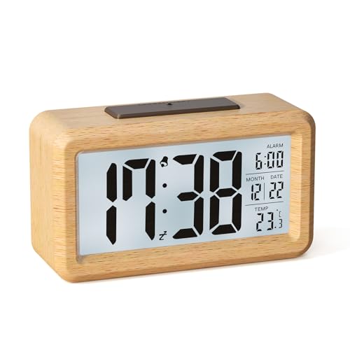 HERMIC Wecker Digital aus Holz mit Großem LCD-Display, Datum, Temperatur, Automatischem Lichtsensor, Snooze-Funktion, Batteriebetrieben (3 AAA-Batterien im Lieferumfang Enthalten) von HERMIC
