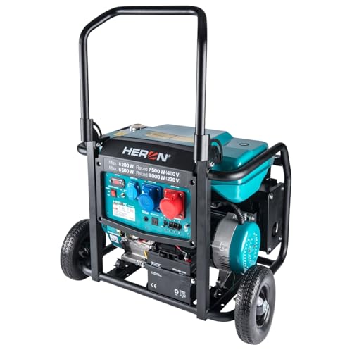 Heron Stromgenerator Benzin 17PS I 8,2 kW / 10,25 kVA (400V) & 6,5kW (230V) I Stromerzeuger mit 28L Tank, Fahrgestell & Elektrostarter I mobiles Stromaggregat mit AVR-System von HERON