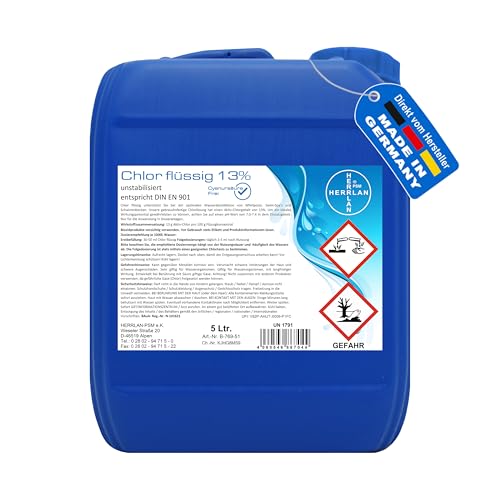 HERRLAN® Chlor flüssig 13% – 5 Liter Gebinde, 6,5 Kg Netto - Unstabilisiert & frei von Cyanursäure - Profi-Wasserdesinfektion für Pool, SwimSpa & Whirlpool - Made in Germany von HERRLAN PSM