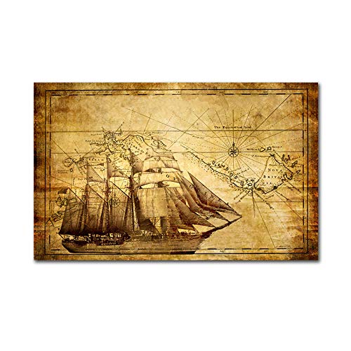 Leinwandbild Leinwand Malerei Altes Segelschiff Nautische Linie Home Wandkunst Vintage Segelboot Karte Poster Bilder Wohnzimmer Dekoration von HERW