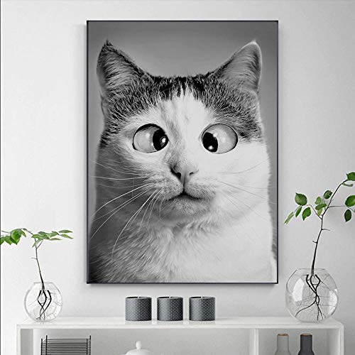 Leinwandbild Lustige Süße Katze Leinwand Malerei Tier Big Eyes Katze Poster Und Drucke Schwarz-Weiß-Poster Für Kinderzimmer Dekor Home Decor 20X28 Zoll von HERW