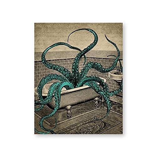 HERWS Leinwand-Kunstdruck Octopus Leinwand Poster Bad Wandkunst Druck Gemälde Octopus Im Bad Sea Life Art Picture Badezimmer Wand Ation von HERWS