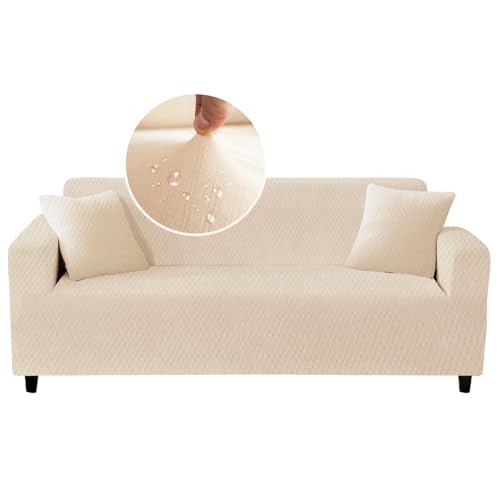 HERZLG LIFE Sofabezug für 2-Sitzer mit Armlehnen, elastisch, wasserdicht, strapazierfähig, kratzfest, rutschfest, Sofaschutz, cremefarben von HERZLG LIFE