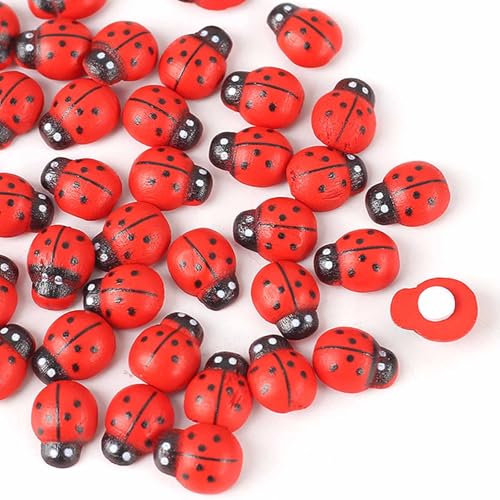 HERZONE 14 * 19mm Glückskäfer aus Holz 100pcs Selbstklebende Marienkäfer - Aufkleber zum Basteln - Glücksbringer - Bastelzubehör (Käfer 14 * 19mm) von HERZONE