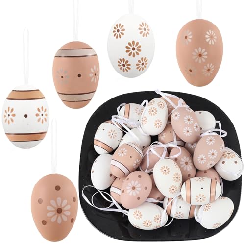 HERZONE 24pcs Ostereier Plastikeier zum Aufhängen Eier Ostern Deko Osterdeko mit tollen Mustern, Ostereier Basteln Kunststoffeier, Größe: 6x4cm (braun weiß) von HERZONE