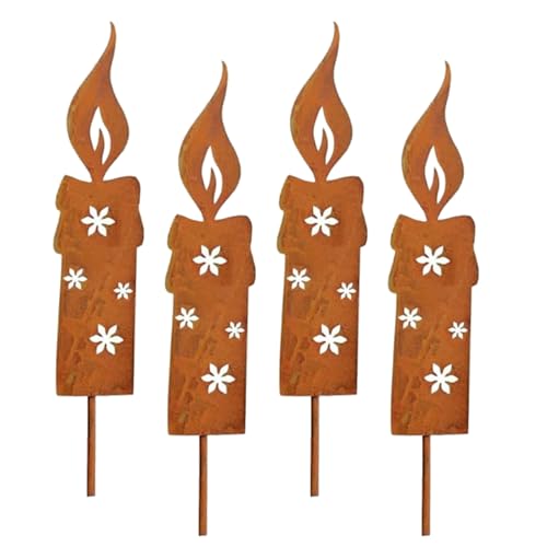 HERZONE 4pcs Rostoptik Steckkerzen Kerze Weihnachtsdeko Rost Metall wetterfest von HERZONE