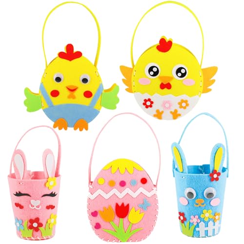 HERZONE 5pcs Osterkörbchen Osterkorb aus Filz Basteln für Kinder zu Ostern Osterkörbchen Hase Filz Osterkörbchen zum Befüllen Filztasche Osterhase, für Ostergeschenke (A) von HERZONE