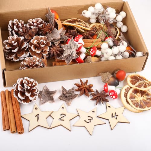 HERZONE 95pcs Adventskranz Deko, Weihnachtsdeko Zum Basteln, Weihnachtsdeko Adventskranz mit zapfen Orangenscheiben Zimtschnecken Sternanis Eichel Birke Stern Pilze Beere (A(mit weiss beeren)) von HERZONE
