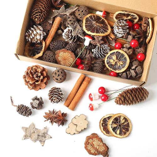 HERZONE Adventskranz Deko 95pcs Weihnachtsdeko Zum Basteln, Weihnachtsdeko Adventskranz mit Ölkiefer Orangenscheiben Zimtschnecken Sternanis Birke Stern Pilze Beere (C) von HERZONE