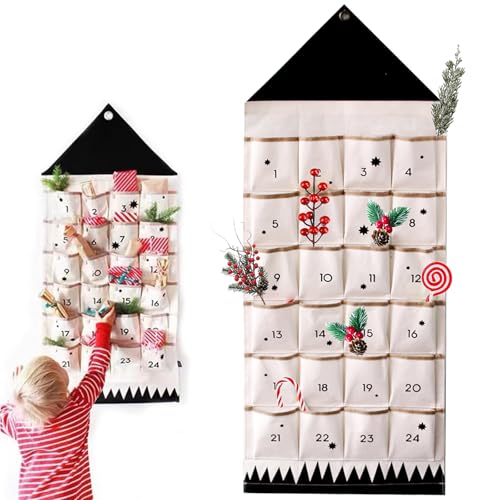 HERZWILD Adventskalender aus Stoff zum Befüllen Stoffbeutel zum selber Dekorieren - Geschenksäckchen - wiederverwendbarer Wandteppich Set (schwarz beige) von HERZWILD