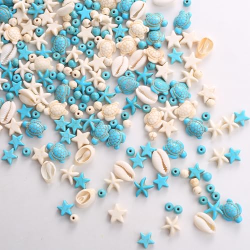 HERZWILD ca.344pcs Ozeanperlen Meeres Schildkröte Perlen Türkis Seestern Perle Muschel perlen Für Armbänder DIY Beads Zubehör (Blue and White) von HERZWILD