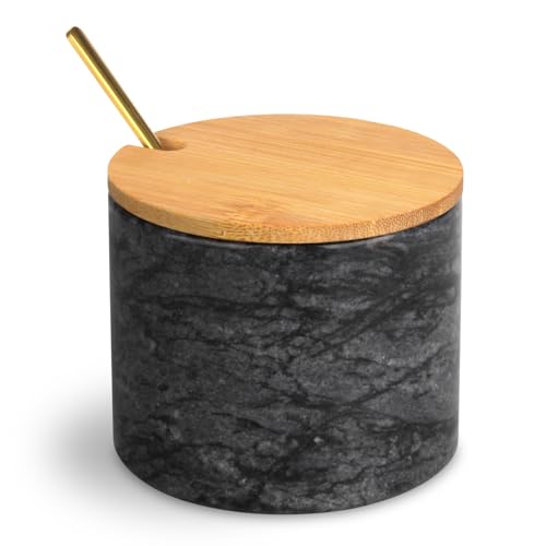 HESHIBI Marmor-Salzkeller-Box mit Bambusdeckel und Metalllöffel, moderner dunkelgrauer Stein, 200 ml, Salz oder Pfeffer, Zucker, Gewürzschale, Behälter von HESHIBI